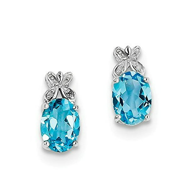 .925 Sterling Silver Genuine Diamond And Swiss Blue Topaz Post Stud Earrings 0.01 CTTW, I-J Color, I2 Clarity 
